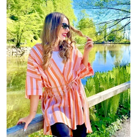 Lemlem x H&M Tunic Oversized Kaftan Shirt Dress Size M/L Striped Orange Beach - Picture 6 of 16
